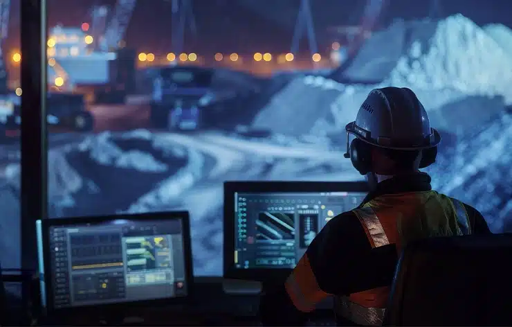 Over-the-shoulder view of a person wearing a hard hat and ear protection, looking at two computer monitors displaying data and graphics. In the background, a large-scale mining operation with heavy machinery and piles of material is illuminated at night.