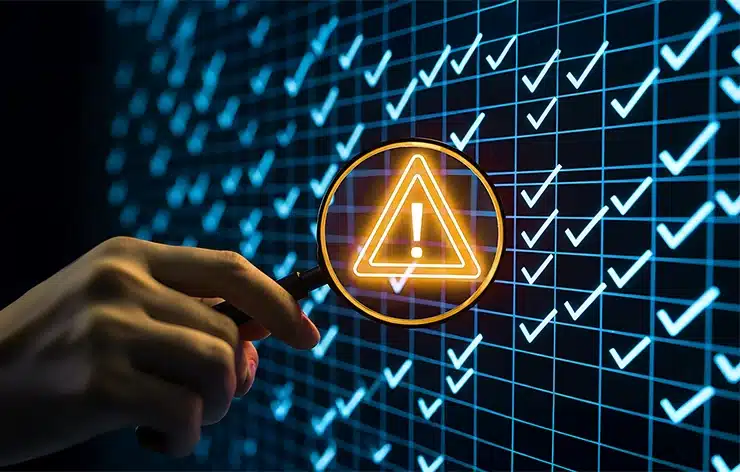 A hand holding a magnifying glass with an illuminated warning triangle and exclamation mark symbol, focusing on a grid of blue checkmarks on a digital screen, representing scrutiny and risk assessment in the context of penetration testing insurance.