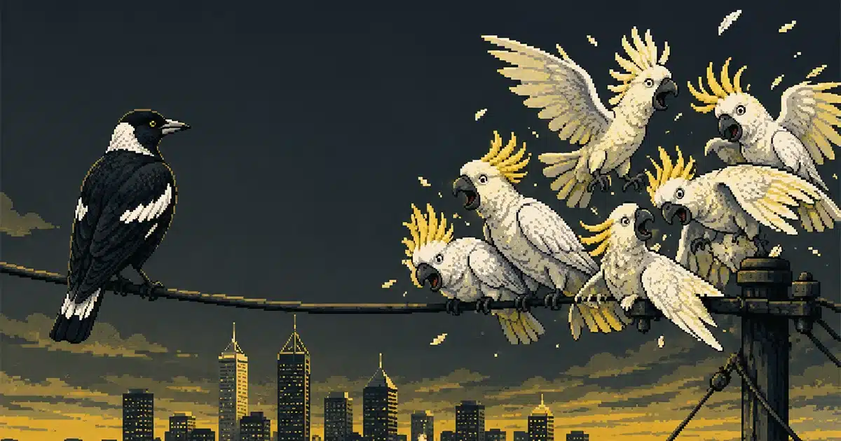 WA magpie vs eastern Australian cockatoo flock on a Perth power line, the magpie a local, the cockatoos blown in from the east.